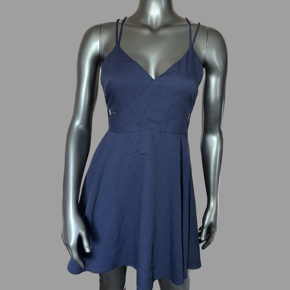 NWOT Navy V-Neck Criss-Cross Spaghetti Strap A-Line Cut-Out Mini Dress